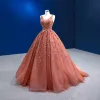 High-end Orange Beading Sequins Prom Dresses 2022 Ball Gown V-Neck Sleeveless Backless Sweep Train Prom Formal Dresses