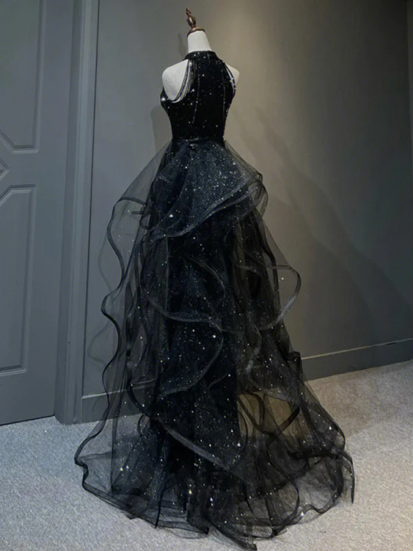 Charming Black Beading Tassel Sequins Cascading Ruffles Evening Dresses 2023 Trumpet / Mermaid Scoop Neck Sleeveless Evening Party Floor-Length / Long Formal Dresses