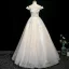 Charming Champagne Beading Appliques Prom Dresses 2025 A-Line / Princess Off-The-Shoulder Short Sleeve Backless Floor-Length / Long Formal Dresses