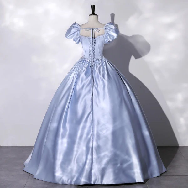Elegant Sky Blue Pearl Satin Prom Dresses 2022 Ball Gown Square Neckline Puffy Short Sleeve Backless Bow Floor-Length / Long Formal Dresses