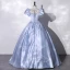 Elegant Sky Blue Pearl Satin Prom Dresses 2022 Ball Gown Square Neckline Puffy Short Sleeve Backless Bow Floor-Length / Long Formal Dresses