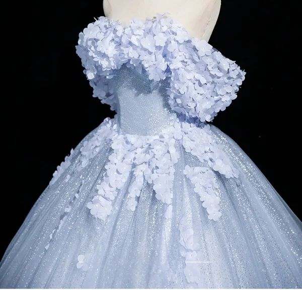 Chic / Beautiful Sky Blue Appliques Prom Dresses A-Line / Princess 2025 Off-The-Shoulder Short Sleeve Backless Floor-Length / Long Formal Dresses