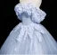 Chic / Beautiful Sky Blue Appliques Prom Dresses A-Line / Princess 2025 Off-The-Shoulder Short Sleeve Backless Floor-Length / Long Formal Dresses