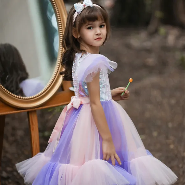 Lovely Sky Blue Sequins Birthday Flower Girl Dresses 2023 Ball Gown Scoop Neck Short Sleeve Bow Floor-Length / Long Flower Girl Dresses