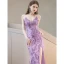 Sexy Lilas Perlage Faux Diamant Paillettes Gland Robe De Soirée 2023 Trompette / Sirène Bretelles Spaghetti Sans Manches Dos Nu Longue Soirée Fendue devant