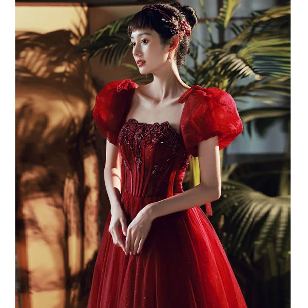 Chic / Belle Bordeaux Perlage Paillettes Robe De Bal 2022 Princesse Bustier Gonflée Manches Courtes Dos Nu Longue Robe De Ceremonie