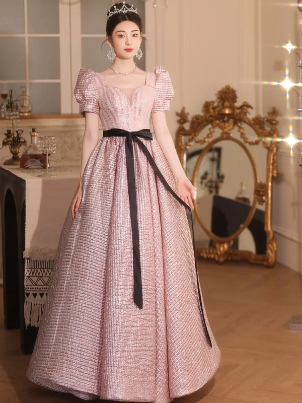 Chic / Beautiful Blushing Pink Sequins Bow Sash Prom Dresses 2024 A-Line / Princess Square Neckline Short Sleeve Backless Floor-Length / Long Prom Formal Dresses
