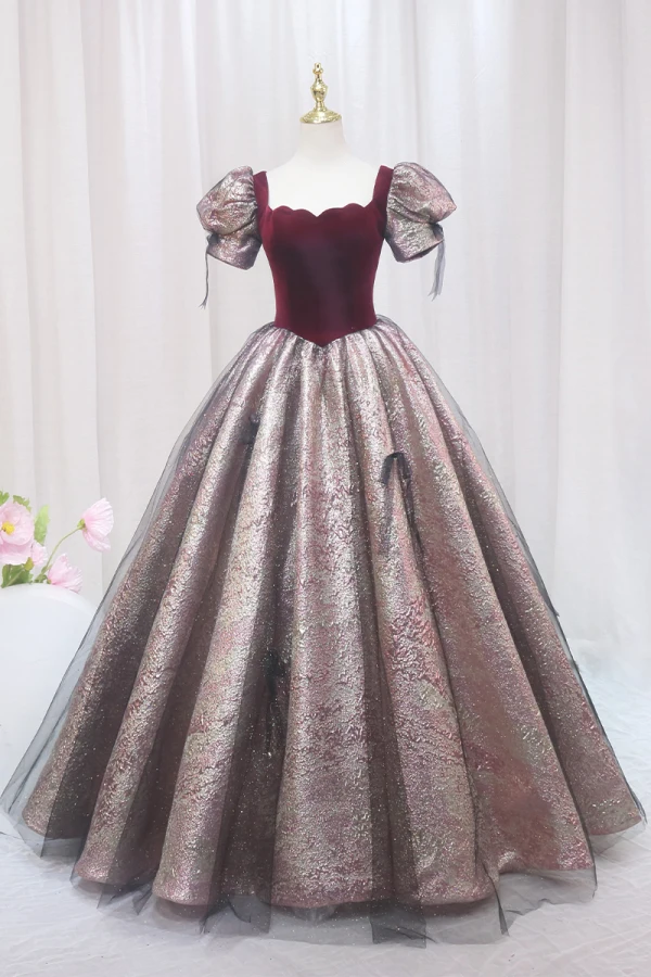 Elegant Burgundy Glitter Prom Dresses 2024 Ball Gown Square Neckline Puffy Short Sleeve Backless Floor-Length / Long Prom Formal Dresses