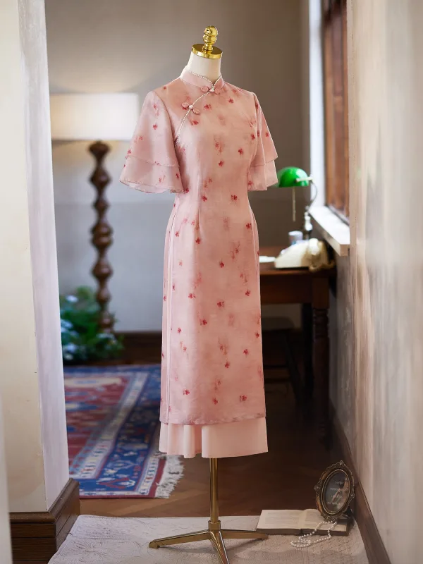 Chinese style Blushing Pink Printing Evening Party Cheongsam 2025 Trumpet / Mermaid High Neck Short Sleeve Floor-Length / Long
