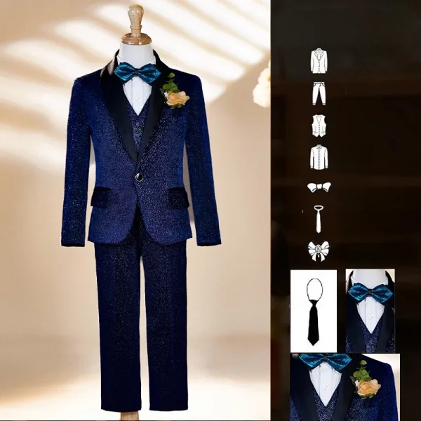 Fall Winter Navy Blue 6-piece Long Sleeve Boys Wedding Suits 2025 Body Jewellery Coat Pants Shirt Tie Vest