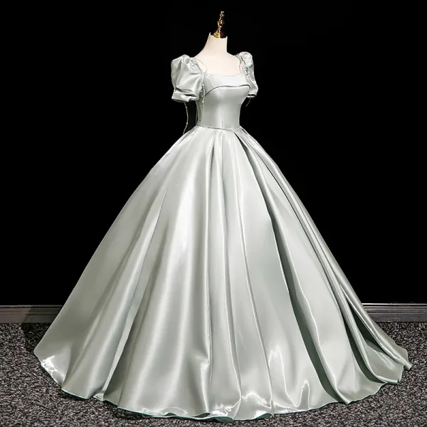 Demure Grey Satin Prom Dresses 2025 Ball Gown Square Neckline Short Sleeve Backless Bow Floor-Length / Long Prom Formal Dresses