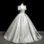 Demure Grey Satin Prom Dresses 2025 Ball Gown Square Neckline Short Sleeve Backless Bow Floor-Length / Long Prom Formal Dresses
