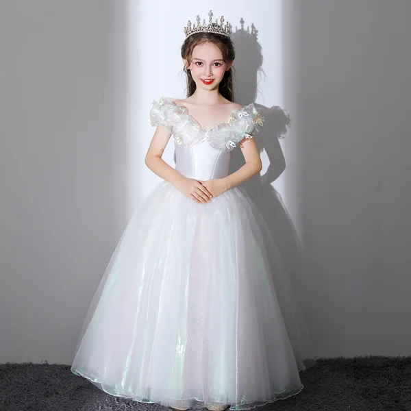 Cinderella White Butterfly Appliques Prom Flower Girl Dresses 2022 Ball Gown V-Neck Short Sleeve Backless Floor-Length / Long Flower Girl Dresses