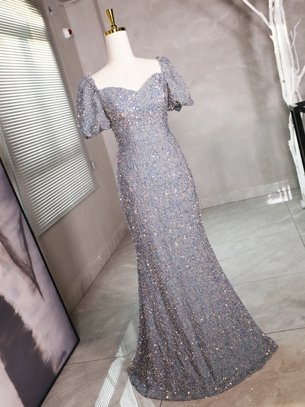 Sparkly Grey Beading Sequins Prom Dresses 2024 Trumpet / Mermaid Square Neckline Short Sleeve Backless Floor-Length / Long Prom Formal Dresses