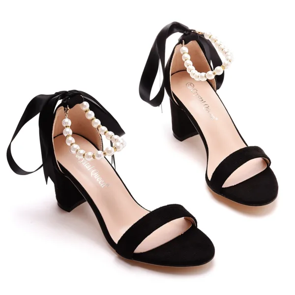 Sexy Beige Perle Knöchelriemen Schleife Sandalen Damen 2023 7 cm Thick Heels Peeptoes Ball Sandaletten Hochhackige