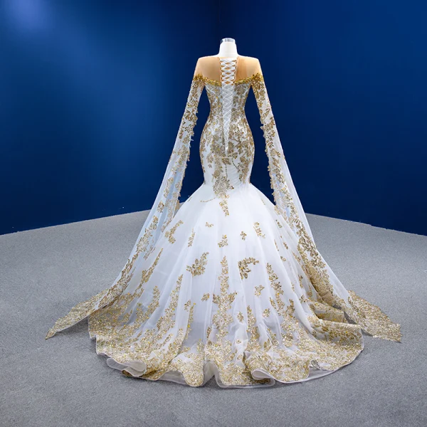 Luxury / Gorgeous High-end Gold Beading Rhinestone Sequins Wedding Dresses 2022 Trumpet / Mermaid Scoop Neck Long Sleeve Floor-Length / Long Wedding