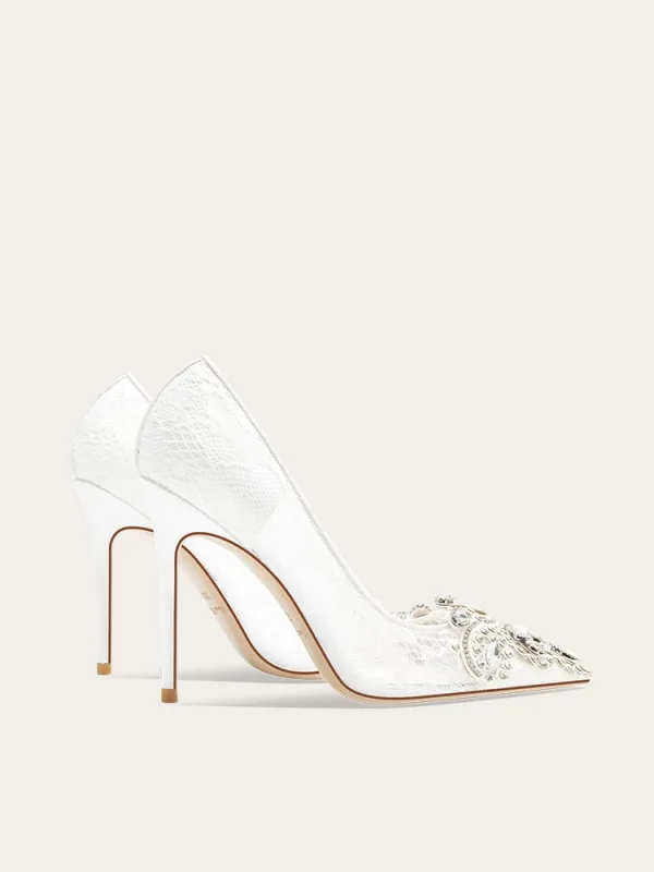 Elegante Kanten Rhinestone Witte Bruidsschoenen 2024 10 cm Naaldhakken / Stiletto Spitse Neus Huwelijk Pumps Hoge Hakken