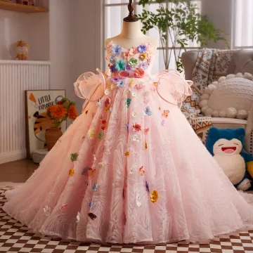 Charmant Fée Des Fleurs Multi Couleurs Appliques Rougissant Rose Anniversaire Robe Ceremonie Fille 2025 Robe Boule Bretelles Spaghetti Sans Manches Dos Nu Train De Balayage
