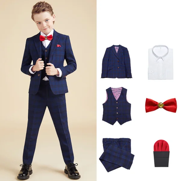 Fashion Navy Blue Plaid Long Sleeve Boys Wedding Suits 2023 6-piece Coat Pants Shirt Tie Vest Wedding