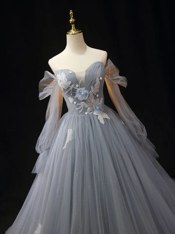 Fashion Sky Blue Lace Flower Prom Dresses 2024 Ball Gown Off-The-Shoulder Long Sleeve Backless Floor-Length / Long Formal Dresses