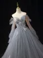 Fashion Sky Blue Lace Flower Prom Dresses 2024 Ball Gown Off-The-Shoulder Long Sleeve Backless Floor-Length / Long Formal Dresses