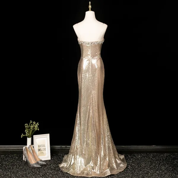 Sexy Glitzernden Champagner Pailletten Abendkleider 2025 Meerjungfrau Bandeau Ärmellos Rückenfreies Lange Abend Festliche Kleider