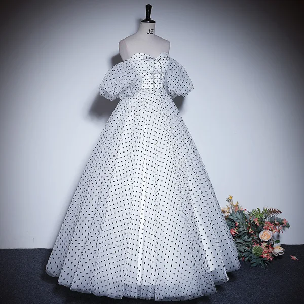 Fashion White Spotted Prom Dresses 2023 A-Line / Princess Off-The-Shoulder Short Sleeve Backless Floor-Length / Long Prom Formal Dresses