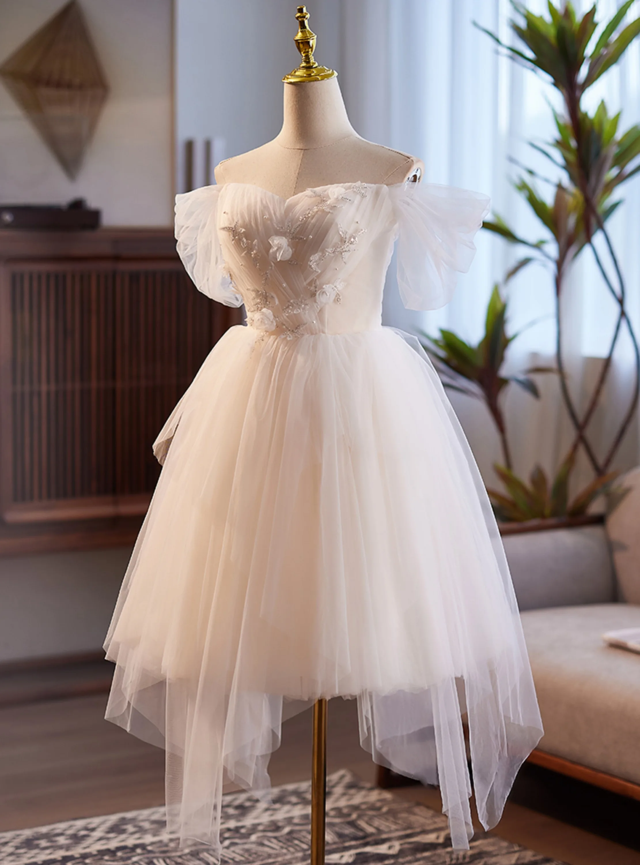 open lace back dress A-line/Princess V Neck 3/4 Sleeve Sweep Tulle Wedding Dress, Lace main image 1