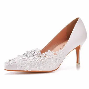 Elegante Witte Rhinestone Kant Bloem Bruidsschoenen 2025 7 Cm Naaldhakken Stiletto Spitse Neus Huwelijk Pumps Hoge Hakken
