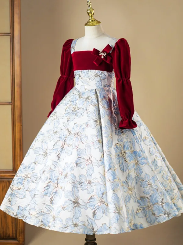 Chic / Beautiful Burgundy Printing Birthday Flower Girl Dresses 2025 Ball Gown Square Neckline Long Sleeve Backless Floor-Length / Long