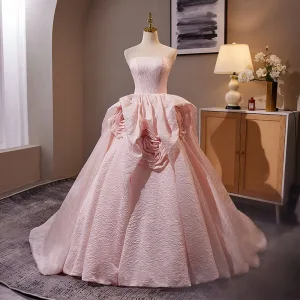 Mode Rougissant Rose Fleur Robe De Bal 2024 Robe Boule Bustier Sans Manches Dos Nu Train De Balayage Promo Robe De Ceremonie