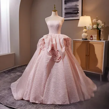 Mode Rougissant Rose Fleur Robe De Bal 2024 Robe Boule Bustier Sans Manches Dos Nu Train De Balayage Promo Robe De Ceremonie