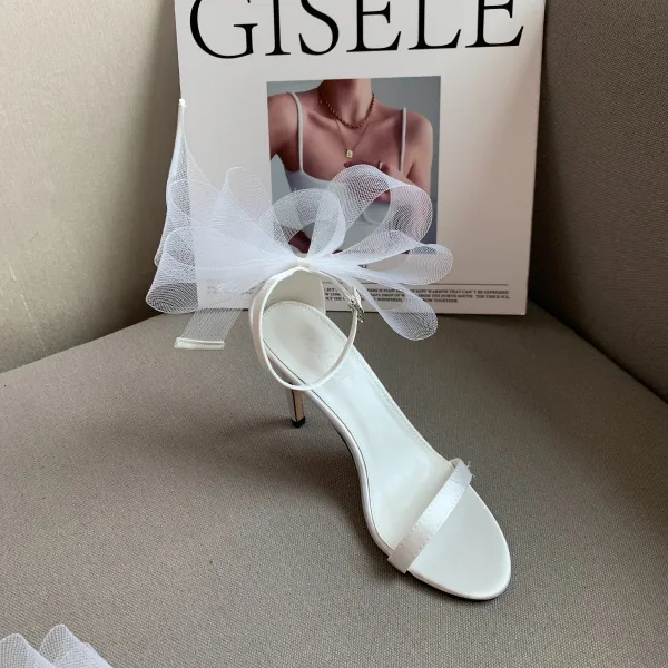 Sexy Blanche Promo Sandales Femme 2022 Bride Cheville Noeud 10 cm Talons Aiguilles Peep Toes / Bout Ouvert Sandales Talons Hauts