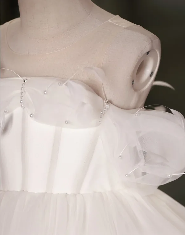 Elegant White Pearl Birthday Flower Girl Dresses 2024 Ball Gown Scoop Neck Short Sleeve Backless Floor-Length / Long Tulle