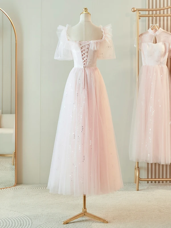 Simple Rougissant Rose Paillettes Robe Demoiselle D'honneur 2024 Princesse Manches Courtes Dos Nu Longue