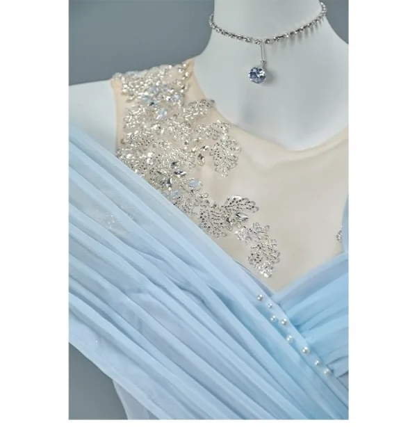 Fashion Sky Blue Beading Sequins Satin Prom Dresses 2026 A-Line / Princess Off-The-Shoulder Sleeveless Backless Sweep Train Formal Dresses