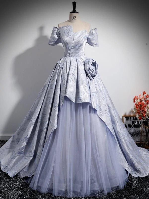 Elegant Grey Satin Prom Dresses 2024 Ball Gown Off-The-Shoulder Short Sleeve Backless Sweep Train Prom Formal Dresses