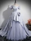 Elegant Grey Satin Prom Dresses 2024 Ball Gown Off-The-Shoulder Short Sleeve Backless Sweep Train Prom Formal Dresses