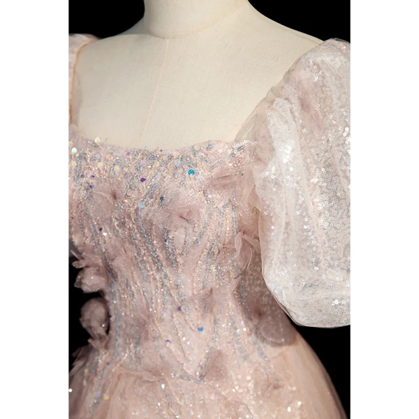 Charmant Rougissant Rose Paillettes Robe De Bal 2023 Princesse Encolure Carrée Manches Courtes Dos Nu Longue Robe De Ceremonie