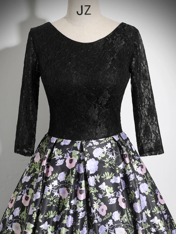 Vintage / Retro Black Printing Prom Dresses 2024 Ball Gown Scoop Neck Long Sleeve Backless Floor-Length / Long Prom Formal Dresses
