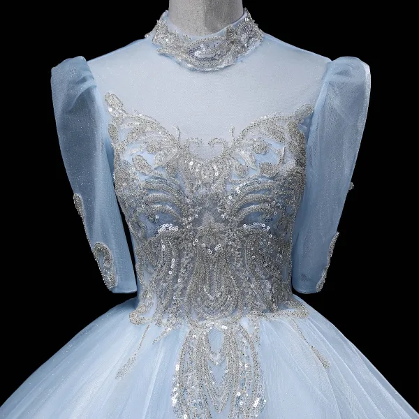 Elegant Sky Blue Beading Sequins Prom Dresses 2022 Ball Gown High Neck Short Sleeve Backless Floor-Length / Long Prom Formal Dresses