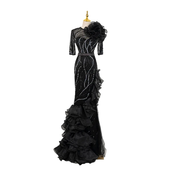 Haut de Gamme Noire Fait main Perlage Paillettes Robe De Soirée 2023 Trompette / Sirène Encolure Dégagée Appliques 1/2 Manches Ceinture Train De Balayage Soirée Robe De Ceremonie
