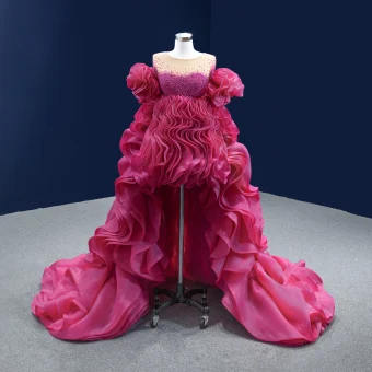 Haut De Gamme Mode Fushia Perlage Perle Faux Diamant Paillettes Volants En Cascade Robe De Bal 2022 Princesse Asymétrique Encolure Dégagée Manches Courtes Promo