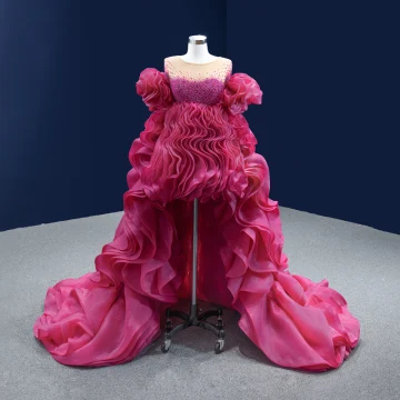 High End Mode Fuchsia Kralen Parel Rhinestone Pailletten Cascading Ruches Galajurken 2022 A Lijn Asymmetrisch Ronde Hals Korte Mouwen Gala