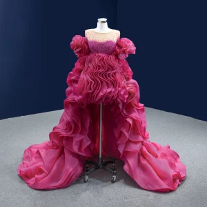 High End Mote Fuchsia Beading Perle Rhinestone Paljetter Gripende Ruffles Ballkjoler 2022 Prinsesse Asymmetrisk Scoop Halsen Korte Ermer Ball