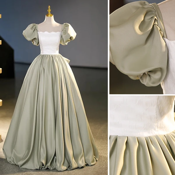 Elegant Sage Green Satin Prom Dresses 2023 Ball Gown Square Neckline Puffy Short Sleeve Backless Bow Floor-Length / Long Prom Formal Dresses