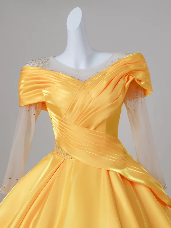 Vintage / Retro Yellow Beading Sequins Satin Prom Dresses 2026 Ball Gown  Scoop Neck Long Sleeve Backless Floor-Length / Long Formal Dresses