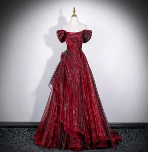 Chic Belle Bordeaux Robe De Bal 2026 Princesse De L Épaule Gonflée Manches Courtes Dos Nu Longue Robe De Ceremonie