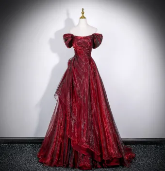Chic Beautiful Burgundy Prom Dresses 2026 A Line Princess Off The Shoulder Puffy Short Sleeve Backless Floor Length Long Formal Dresses