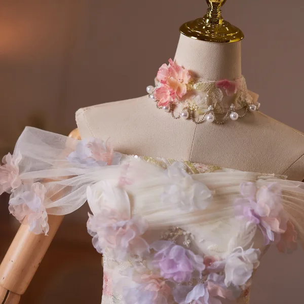 Zauberhaft Champagner Applikationen Perlenstickerei Kurze Ballkleider 2026 Ballkleid Off Shoulder Kurze Ärmel Rückenfreies Tülle Festliche Kleider
